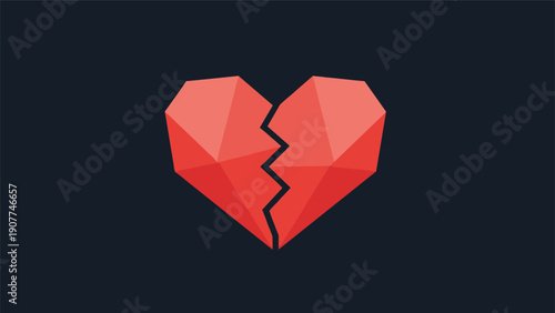 Symbolic red broken heart illustration in a modern low poly geometric style isolated on a dark blue background.