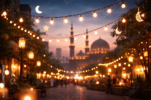Obraz na płótnie A festive street scene at night with string lights, crescent moons, and a mosque in the background