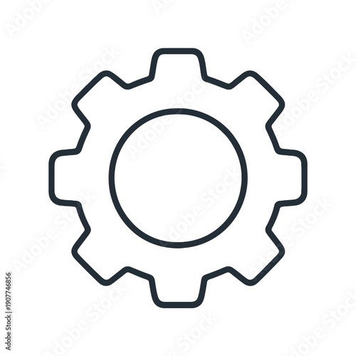 A simple black line drawing of a gear on a white background