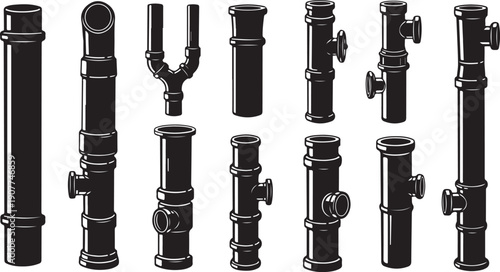 Black and white illustration of various pipe fittings and valves