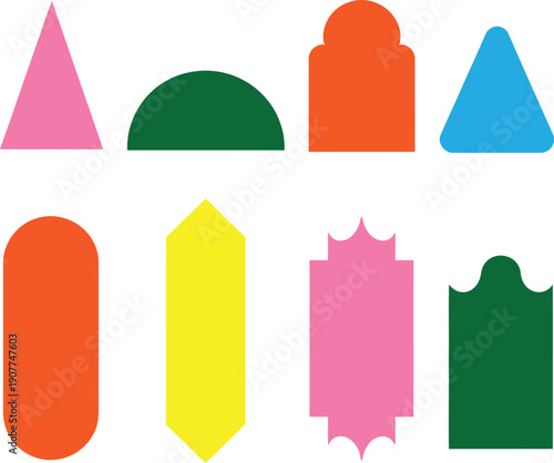 A collection of various colorful geometric shapes arranged in two rows on a white background.