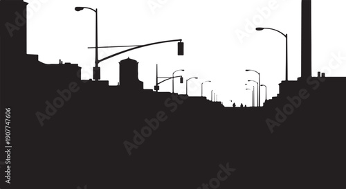 City Skyline Silhouette with Street Lights at Nighttime Urban