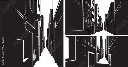 Black and white city street illustration with modern buildings