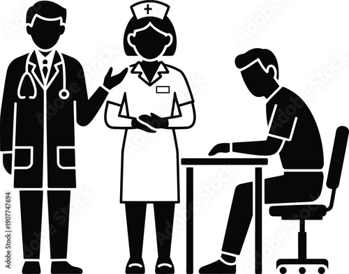 Medical professionals consulting with a patient in a clinical setting.