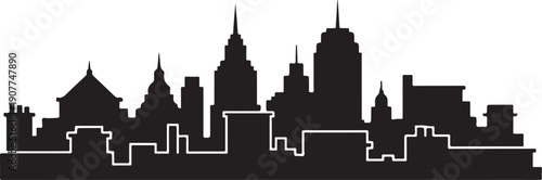 City Skyline Silhouette with White Outline at Nighttime