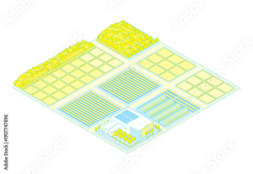 郊外の街並みのイラスト. アイソメ図で描いた都市.