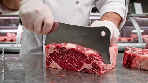 Wallpaper Mural Professional Butcher Expertly Slicing Fresh Raw Beef Steak with Cleaver in Shop. Torontodigital.ca