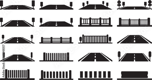 Various road and bridge silhouettes in black and white