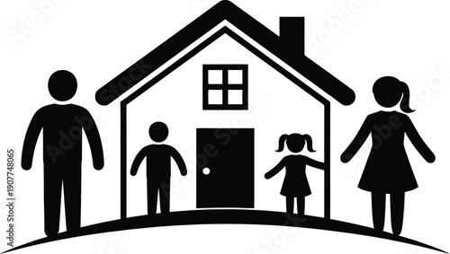 A family of four standing near their home with a simple and clean design.