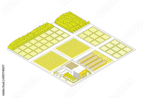郊外の街並みのイラスト. アイソメ図で描いた都市.