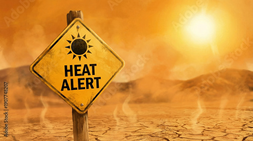 Heat alert sign summer heatstroke heat stroke protection warning desert landscape