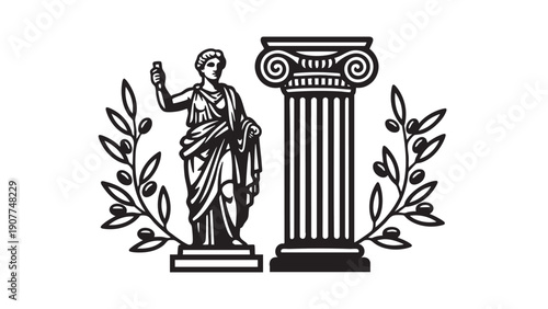 Ancient greek statue with column and laurel branches illustration