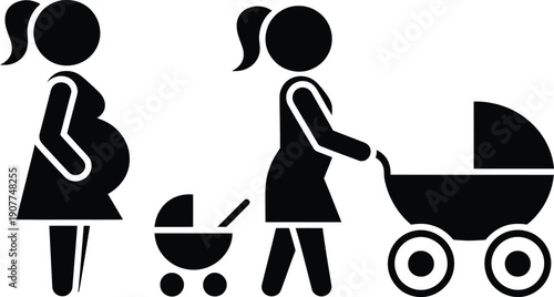 Expectant mothers and baby carriages in simple illustration style.