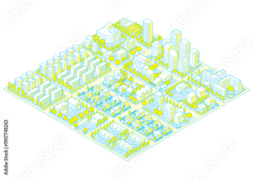 街並みの立体図. 都市の景観. アイソメ図で描いた都市.