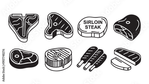 Assorted beef steak cuts and skewers illustration set