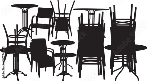 Silhouettes of chairs and tables in various positions arranged