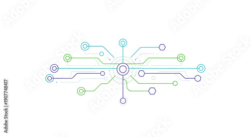 This digital circuit network illustration represents connectivity, data exchange, and smart system architecture. The branching lines and nodes symbolize artificial intelligence networks, cloud integra