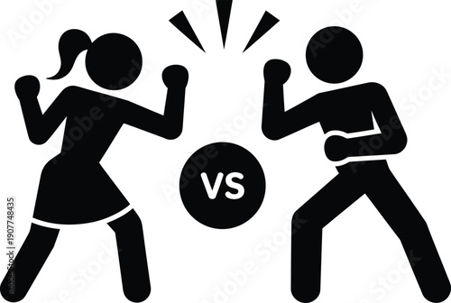 A cartoon illustration of a man and woman facing off in a boxing match.