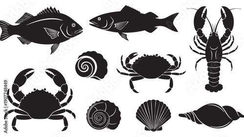 Assortedseafoodandshellfishvectoriconsisolatedcollection