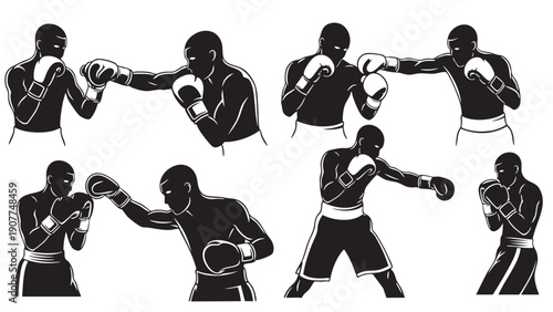 Boxing fighters training and sparring in various stances and punches