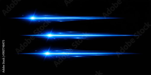 Abstract blue background with glowing stars and futuristic laser lines creates a bright motion pattern of light and energy over a dark space backdrop texture