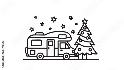 Christmasthemed motorhome with decorated tree and stars illustration