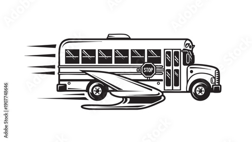 Classic school bus illustration with speed lines isolated on transparent