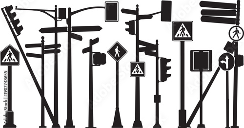 Collection of various traffic signs and road signals silhouettes