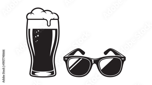 Cold beer glass and stylish sunglasses illustration isolated