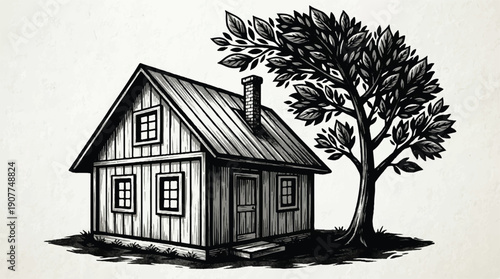 small house with a tree next to it on a grassy area