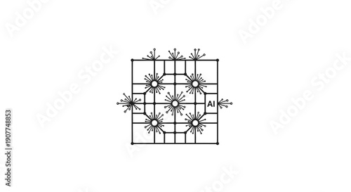 This geometric technical diagram illustration displays a structured grid system with mechanical and digital elements arranged symmetrically. It represents engineering design, system architecture, blue