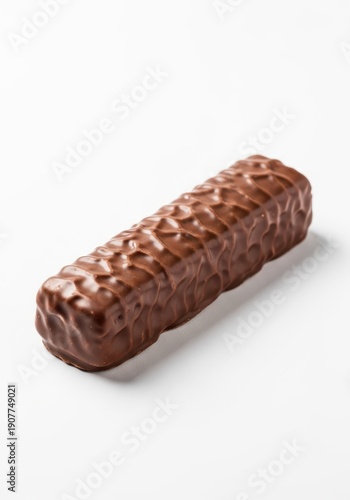 A delicious long chocolate-covered brown candy bar resting horizontally on a clean, bright white studio background, emphasizing texture and appeal, chocolate, rich, product