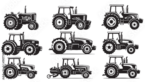 Collection of diverse agricultural tractors in various styles and angles