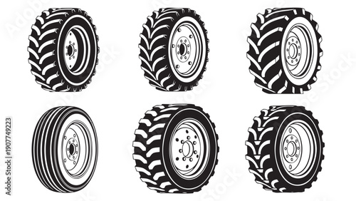 Collection of heavyduty tractor and machinery tires isolated
