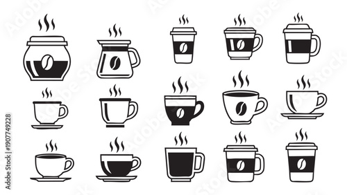 Collection of hot coffee and beverage icons in various styles