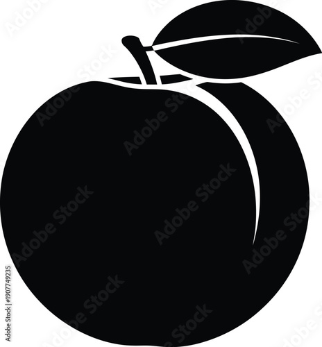 A black silhouette of a peach with a leaf on a white background