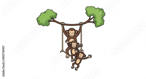 Monkey Playing on Tree Branch with Baby Monkeys, Jungle Scene, Cartoon Illustration