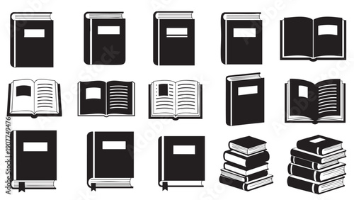 Collection of open and closed books in various styles isolated