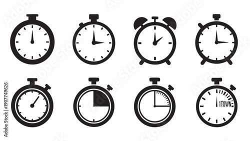 Collection of stopwatch and alarm clock icons in monochrome design