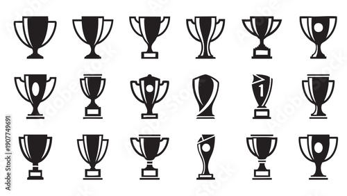 Collection of trophy cups and awards in various styles isolated