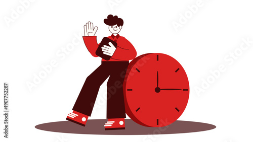 A male worker leaning against a giant clock while holding a tablet illustrating time management and resting periods