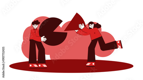 A business team working together to assemble a large circular pie chart representing data