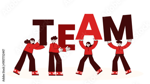 Four diverse professionals working together to carry and assemble large letters spelling TEAM