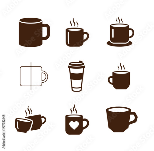 A collection of coffee and tea cup icons in various styles and designs on a white background