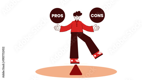 A man balancing on a triangle while holding two circles representing pros and cons of a decision