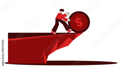 A man struggling to push a large heavy coin up a steep cliff edge representing debt