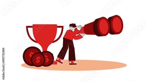 A professional looking through large binoculars next to a trophy and coins searching for success