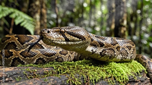 Wallpaper Mural Beautiful snake resting on a mossy log in the forest environment. Torontodigital.ca