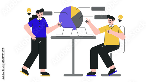 Two business people in an office setting having an intense discussion or disagreement over data charts and lightbulb ideas
