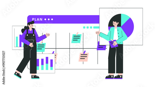 Professionals team brainstorming and organizing tasks on a planning board with charts and sticky notes